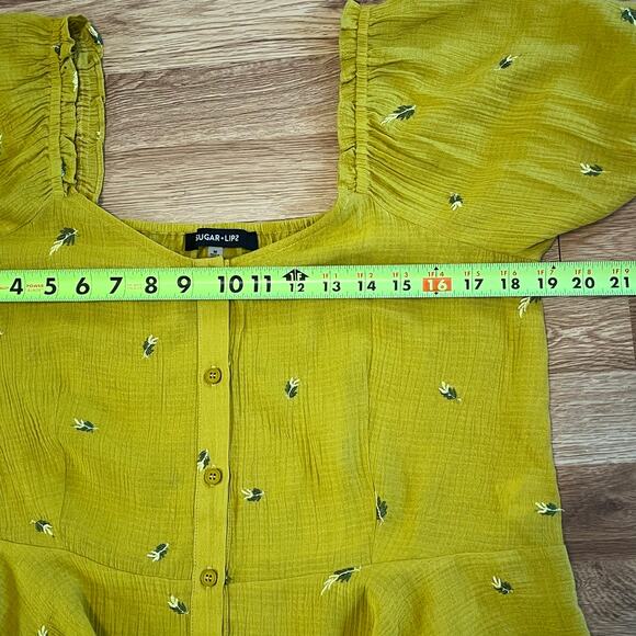 Sugar Lips Yellow Puff Sleeve Peplum Blouse Medium Embroidered Cottagecore girly - Picture 10 of 12